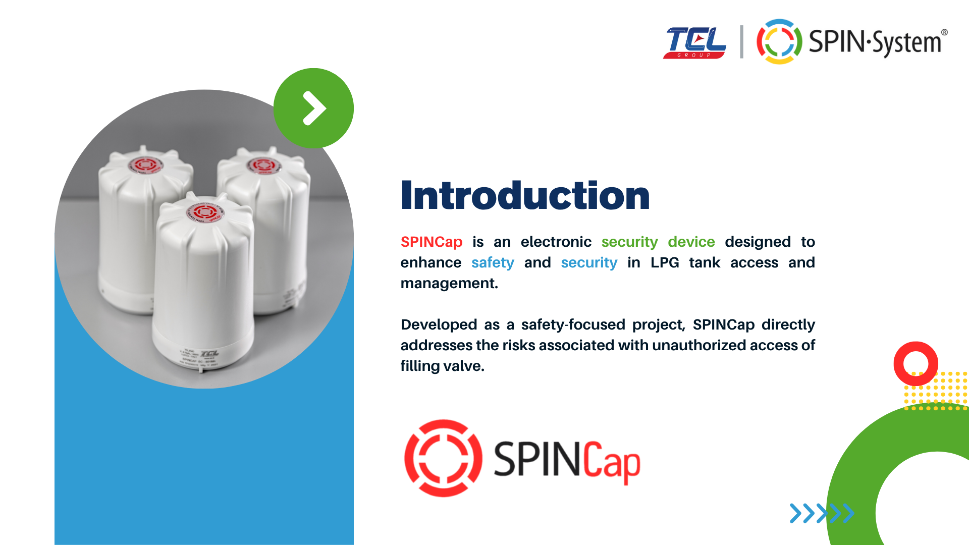 SPINCap technical slide showing digital access control and tank monitoring system