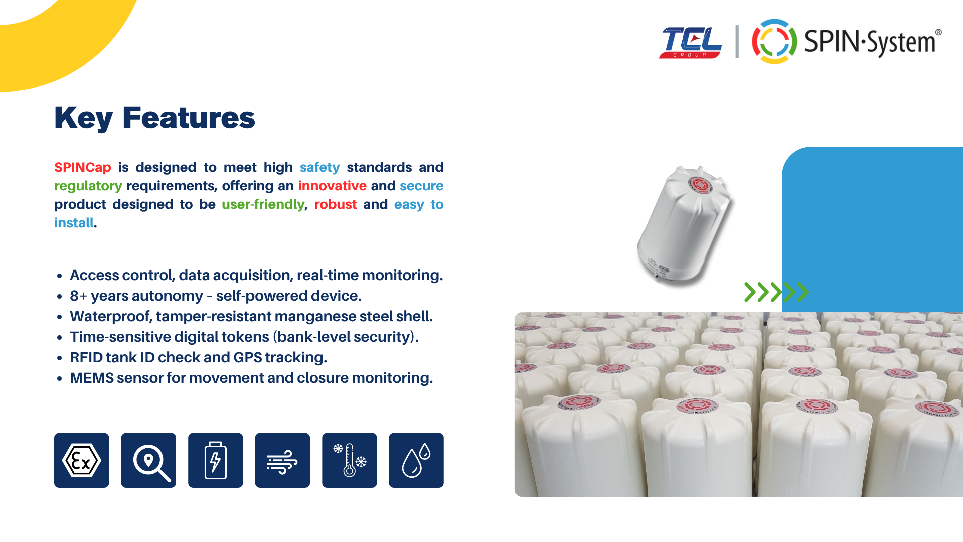 SPINCap technical slide showing digital access control and tank monitoring system