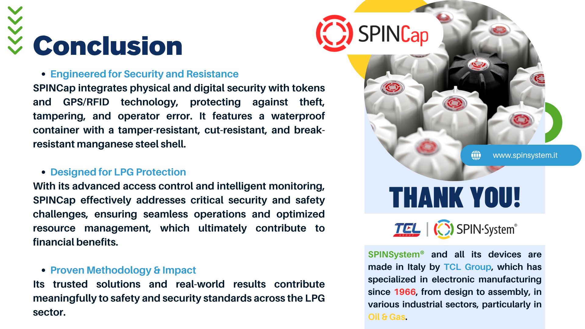 SPINCap technical slide showing digital access control and tank monitoring system