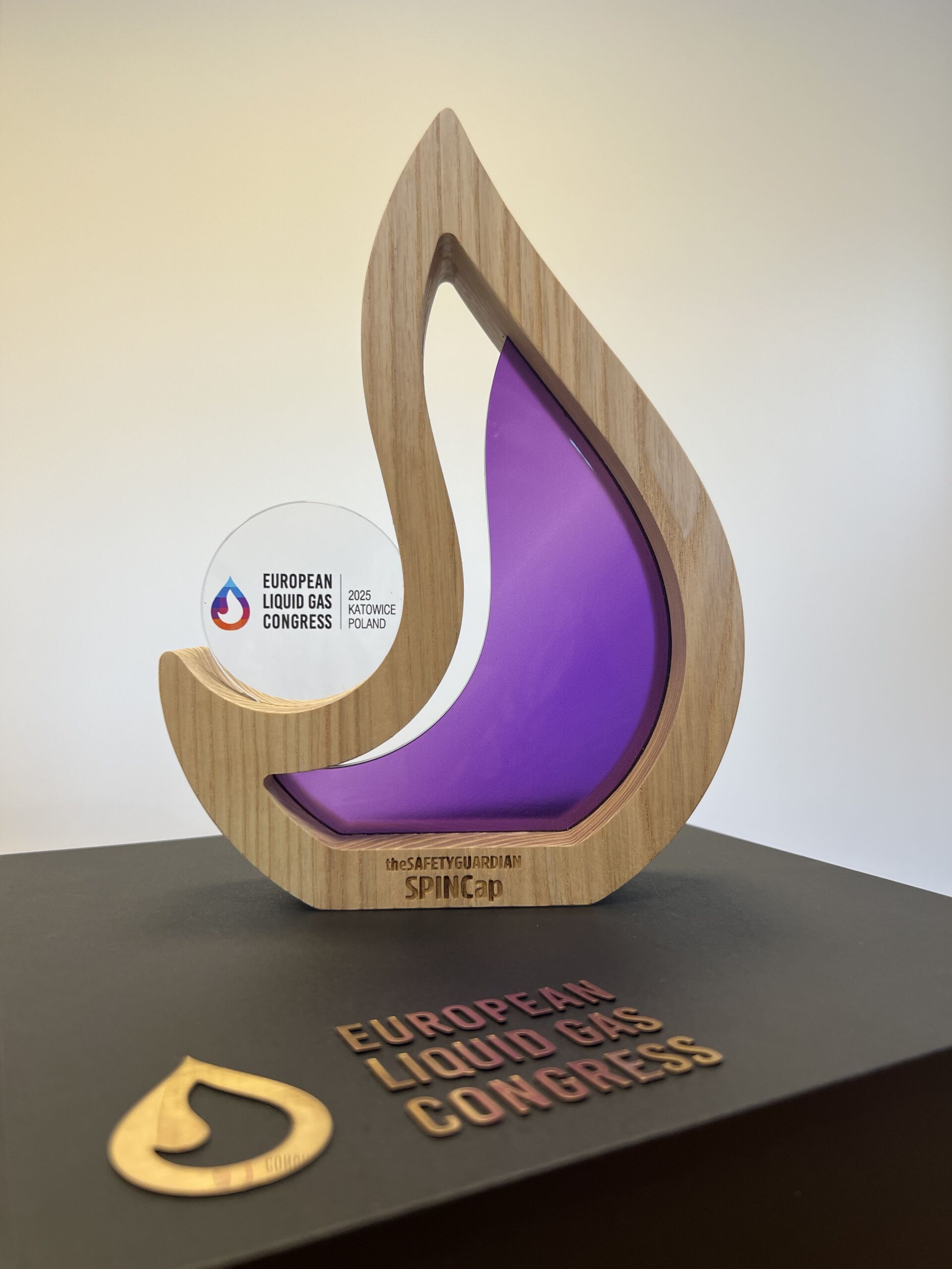 Close-up of the Safety Guardian Award trophy won by SPINCap